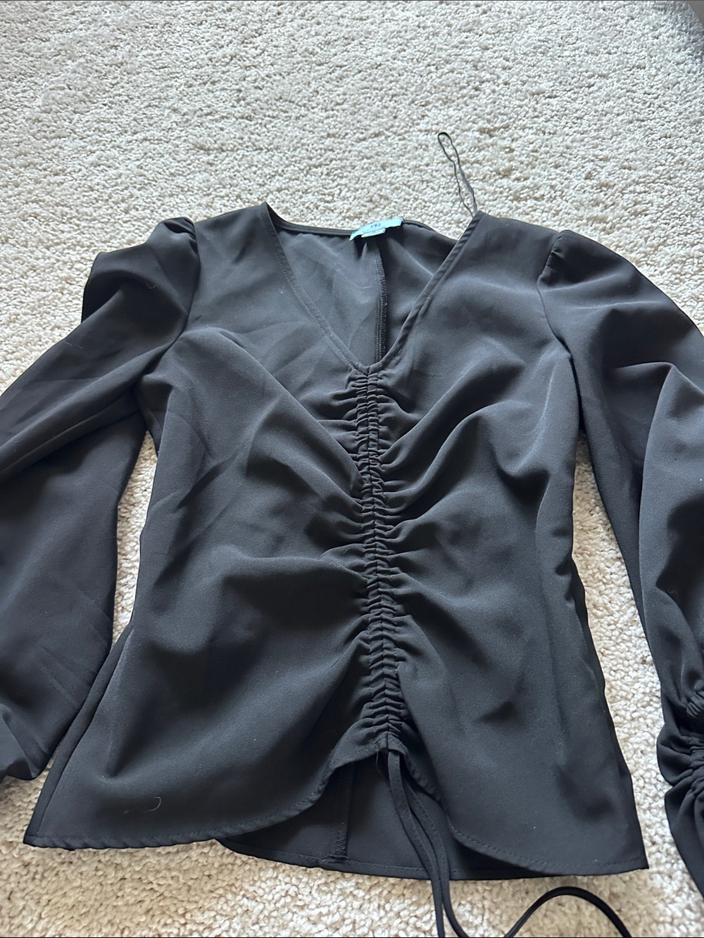 CeCe Black Ruched V-Neck Drawstring Blouse - Picture 1 of 2